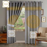 2 Pieces Luxury Velvet Curtain Panels with 2 belts-Grey/Gold 012